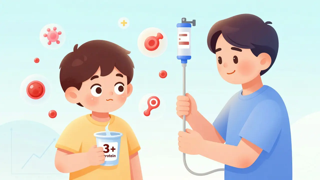 Child with steroid side effects and adult receiving infusion, surrounded by medical symbols of protein, cholesterol, and clots.