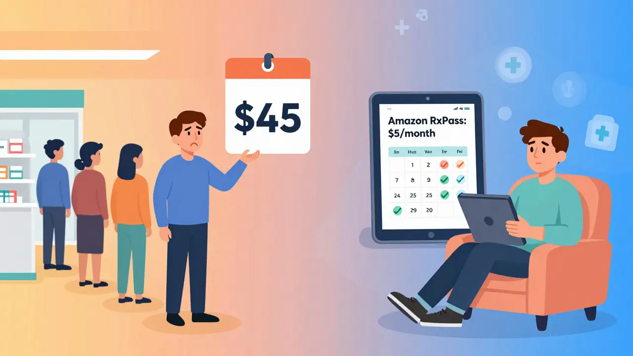 Comparison of long pharmacy wait vs. fast app-based prescription delivery with low cost.