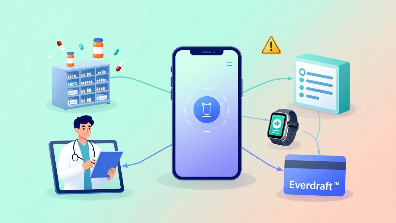 Digital health network connecting app, doctor, pharmacy, and wearable tech with safety alerts.