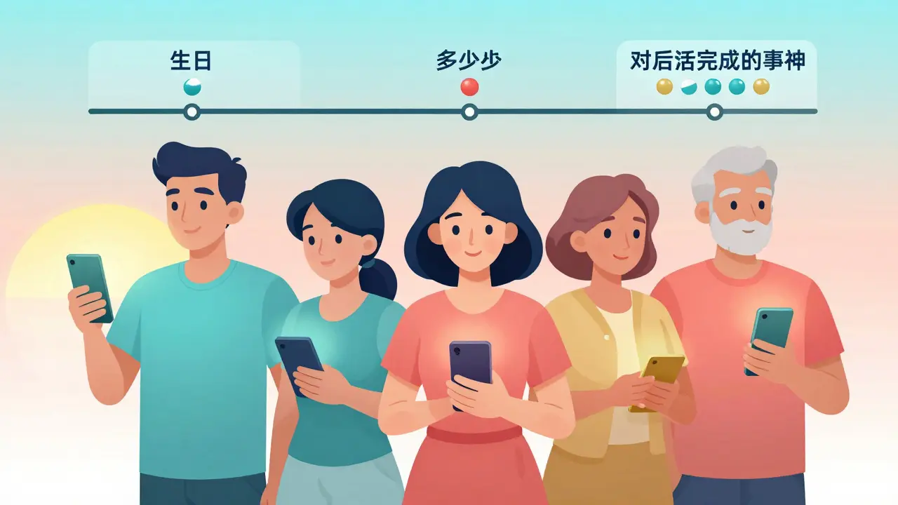 Diverse individuals receiving personalized medication reminders on their phones with glowing gradient messages.