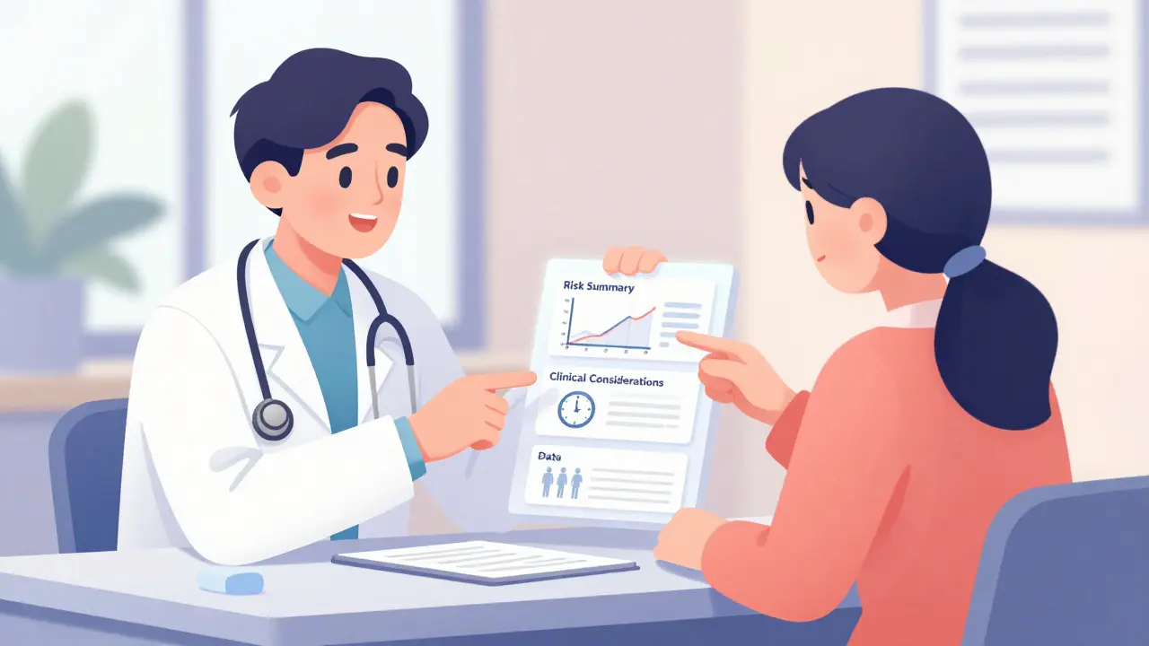 Doctor and patient reviewing a drug label with three clear subsections during a clinic visit.