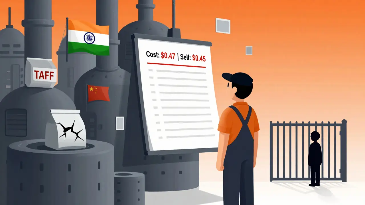 Factory worker facing financial loss on ledger, raw materials blocked by tariff barriers, patient waiting outside.
