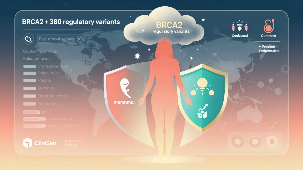 Futuristic cancer risk forecast dashboard with storm clouds and protective actions around a woman.