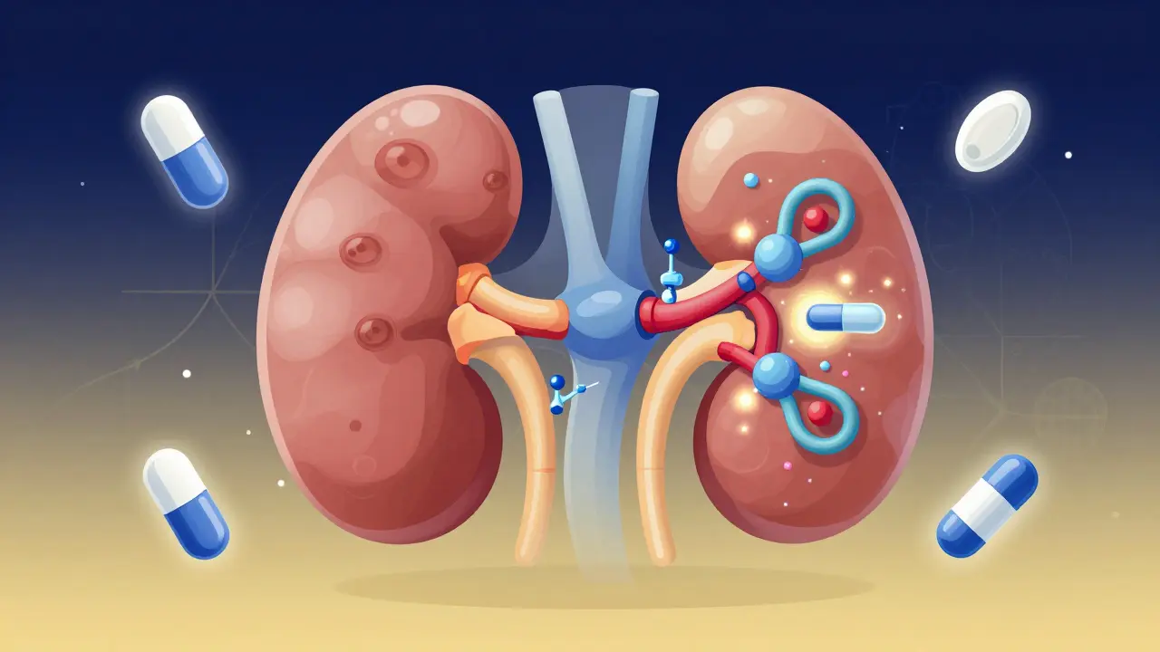 Futuristic kidney biopsy showing podocytes being repaired by molecular tools, with drug molecules floating nearby.