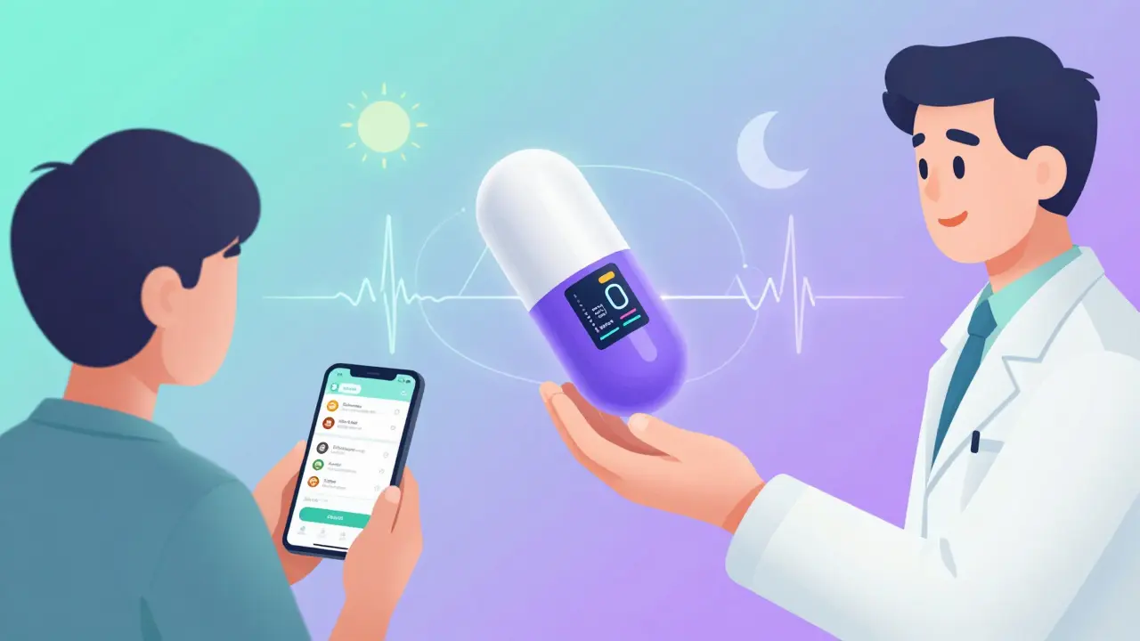 Futuristic pill with digital readout held by pharmacist, patient viewing timing app on smartphone