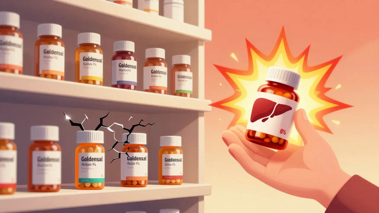 Goldenseal bottles with varying berberine levels float beside prescription meds, about to explode.