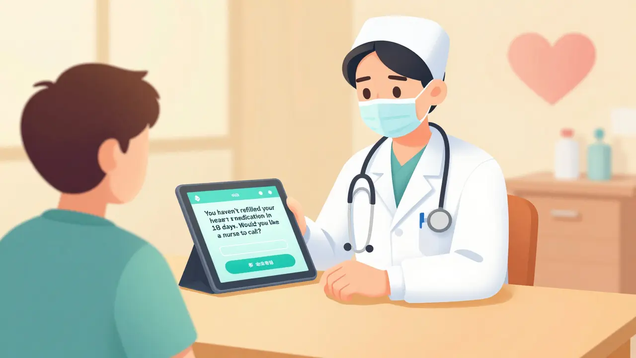 Healthcare provider showing a patient an automated system alert about a missed medication refill.