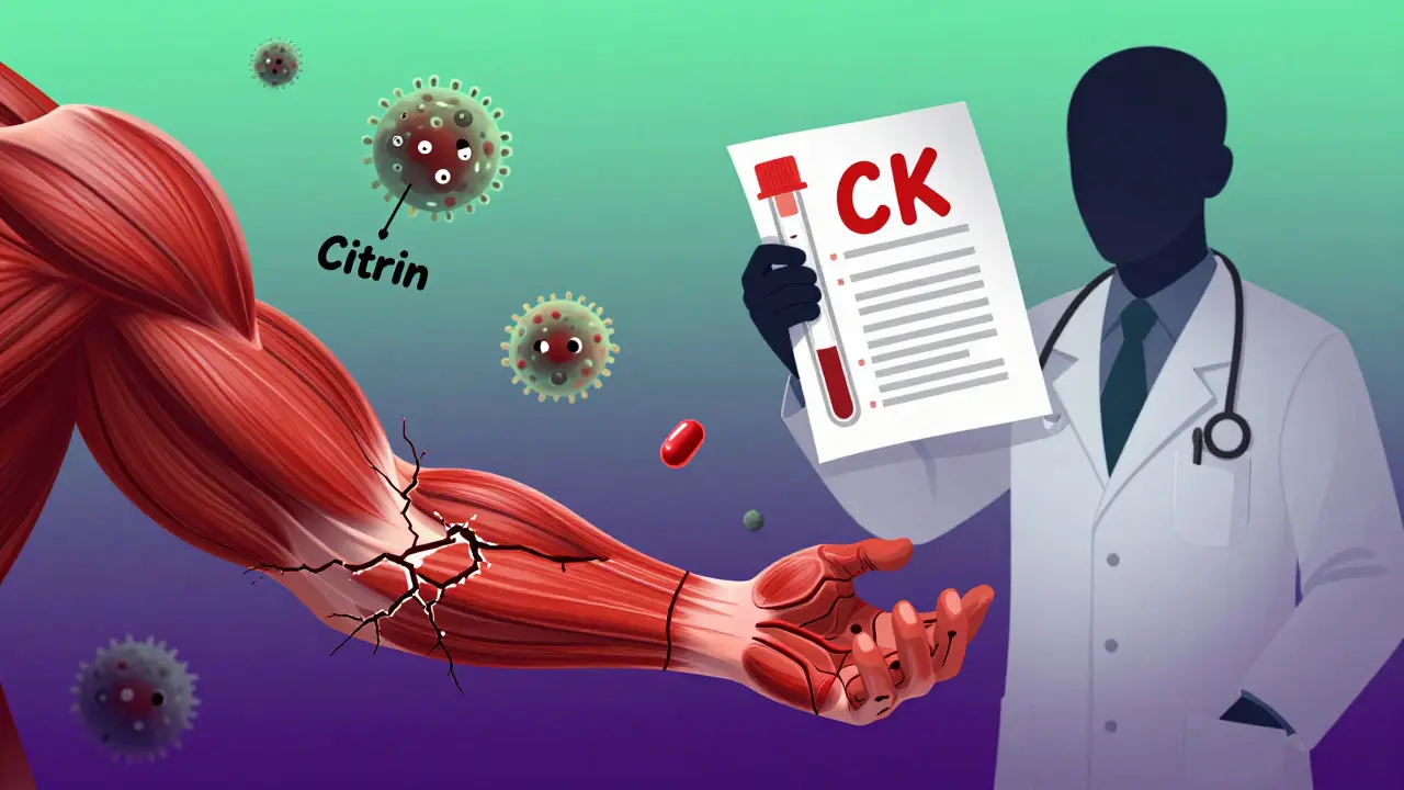 Muscle fibers cracking with toxic mold spores and a blood test showing dangerously high CK levels.