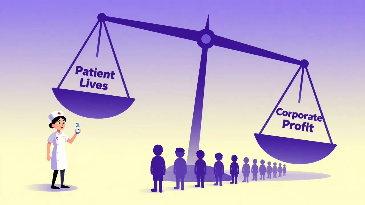 Nurse holding single vial as long line of patients stretches behind, scale tipping between patient lives and corporate profit.
