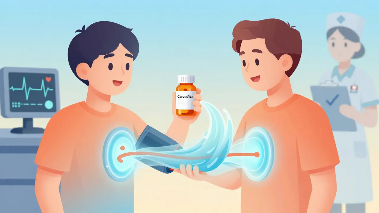 Patient taking carvedilol pill as it reduces pressure in a glowing portal vein system.