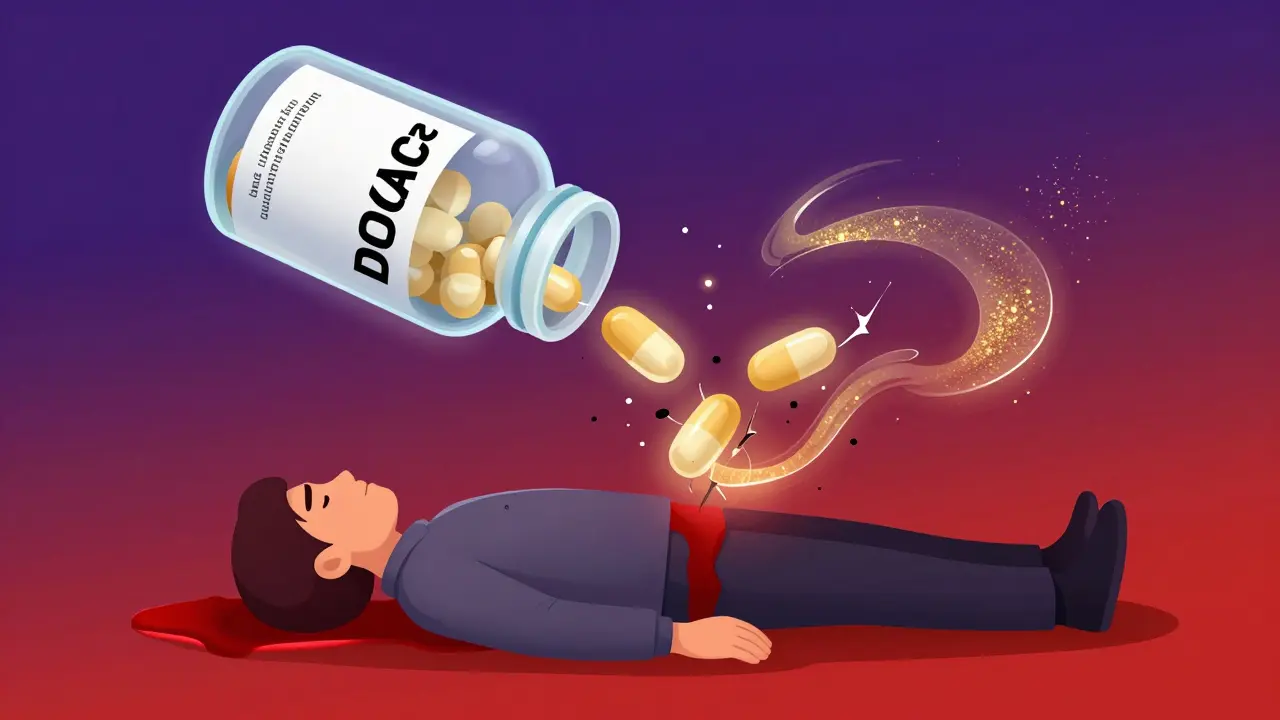 Person collapsed with bleeding trail, glowing DOAC pill releasing reversal agent in golden light.