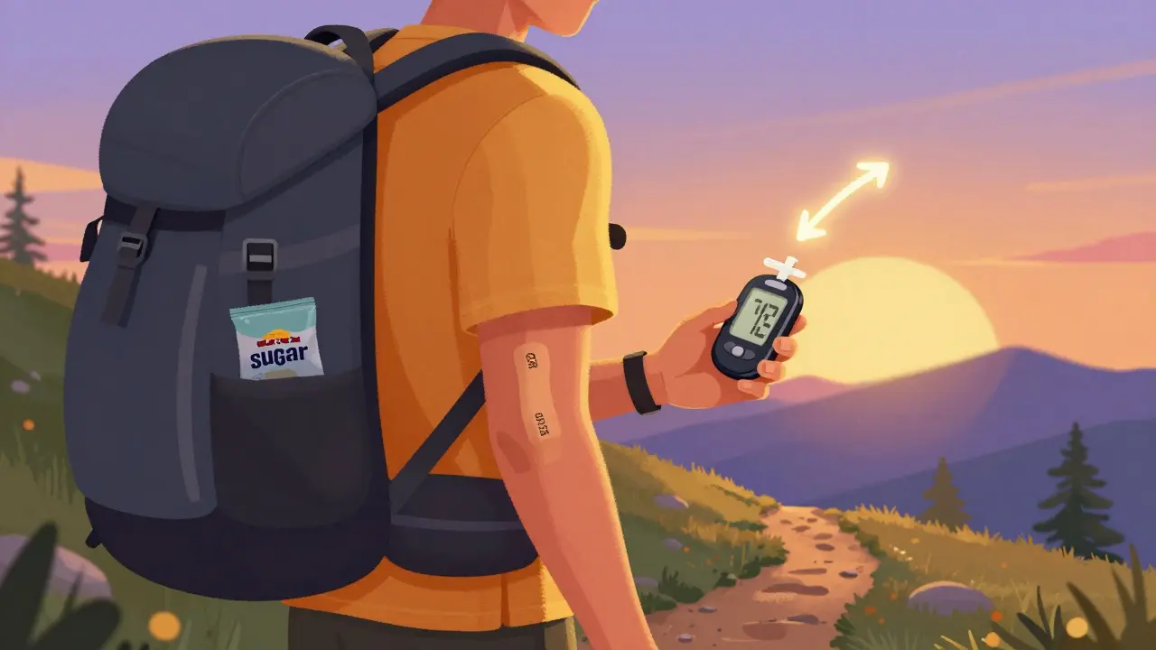 Person hiking with CGM and insulated insulin bag on mountain trail at sunset