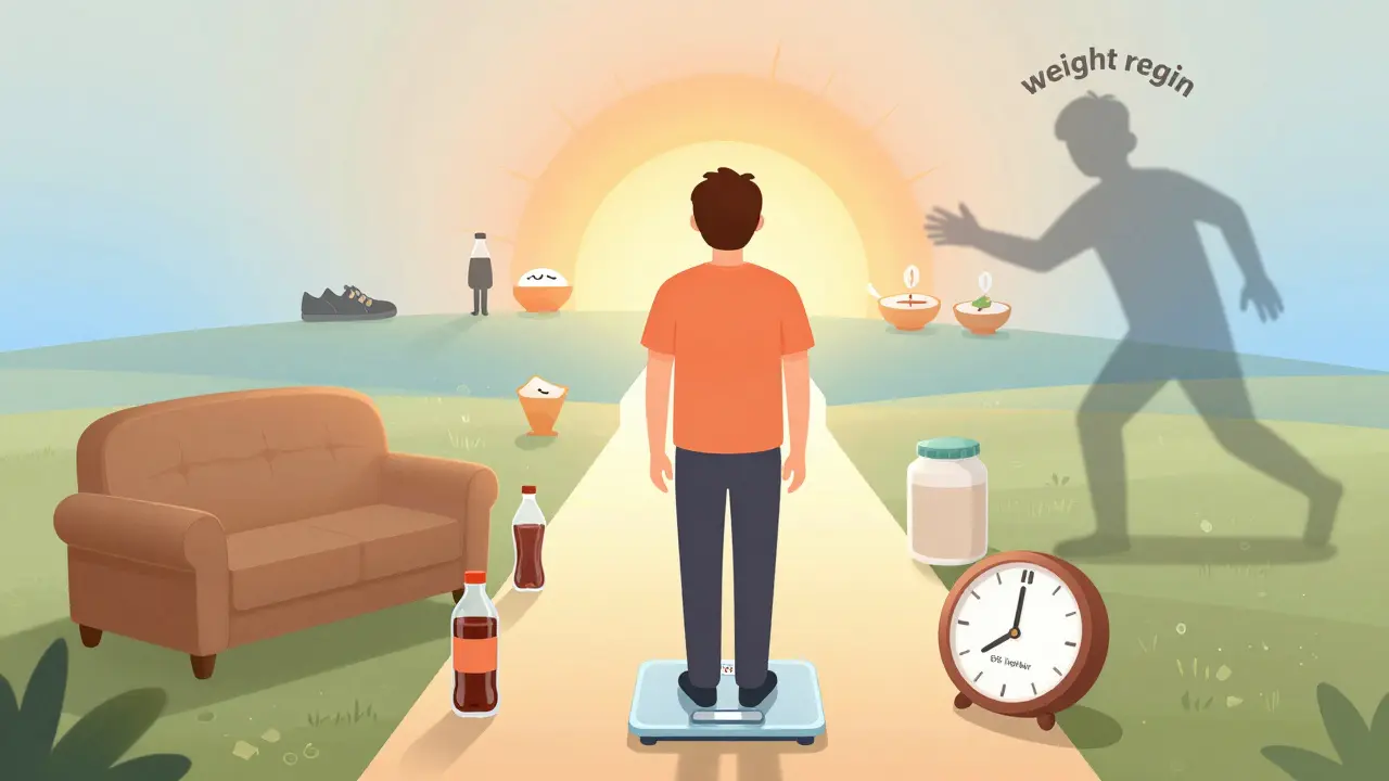 Person on scale with 15% weight loss, surrounded by healthy habits, while weight regain looms in shadow.