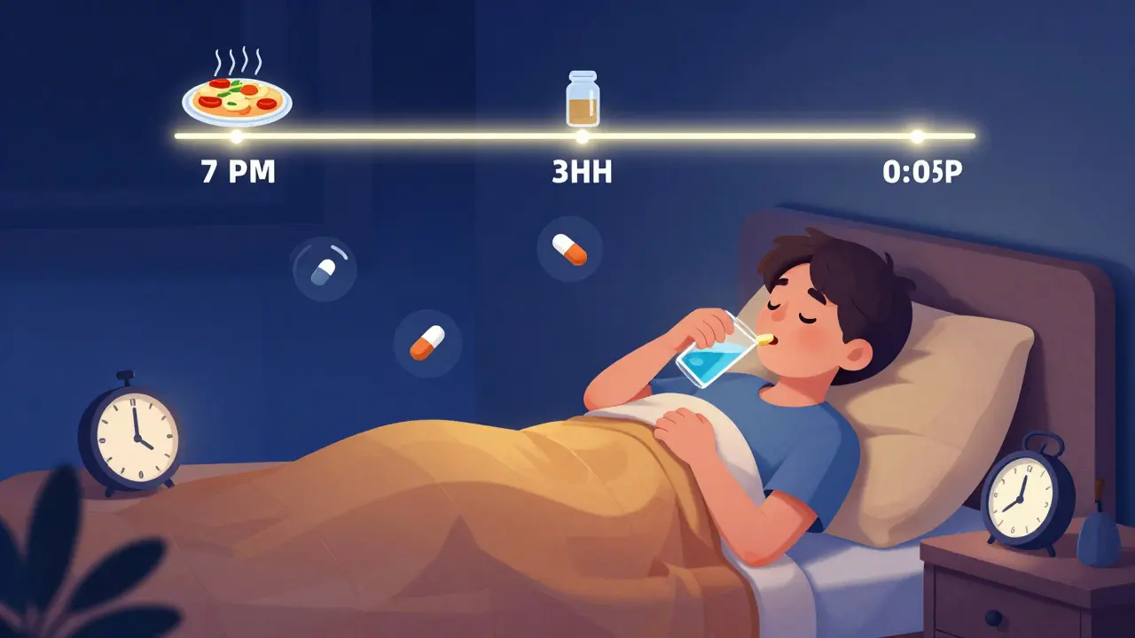 Person taking thyroid medication at night with clock showing 10:45 PM, no snacks in sight.