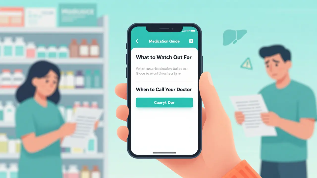 Smartphone showing digital Medication Guide with safety warning icons nearby.