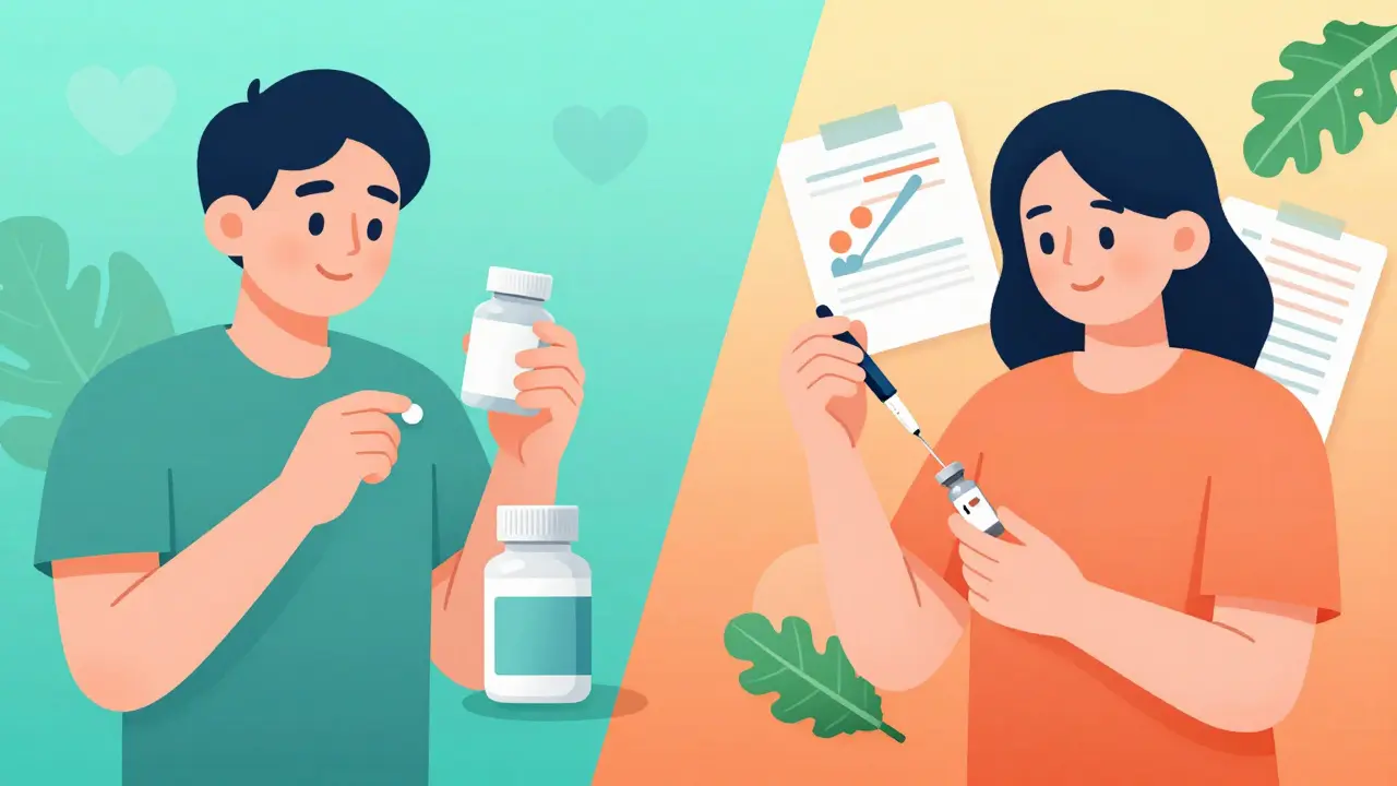 Split illustration comparing daily DOAC pill to weekly INR blood test with diet symbols.