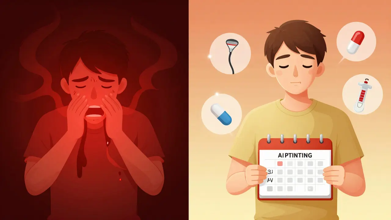 Split illustration showing variceal bleed vs. successful prevention with medical icons.