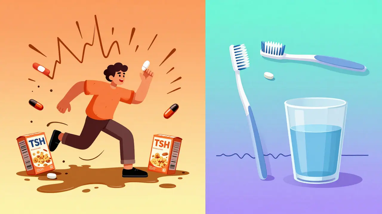Split image: chaotic morning with food vs. calm routine with pill and water for better absorption.