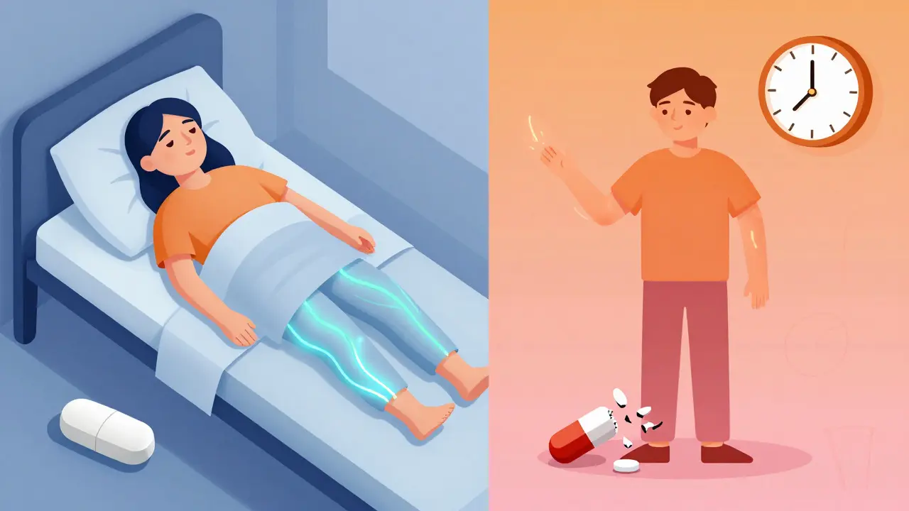 Split scene: calm legs with safe medication on one side, spreading symptoms and crumbling pill on the other.