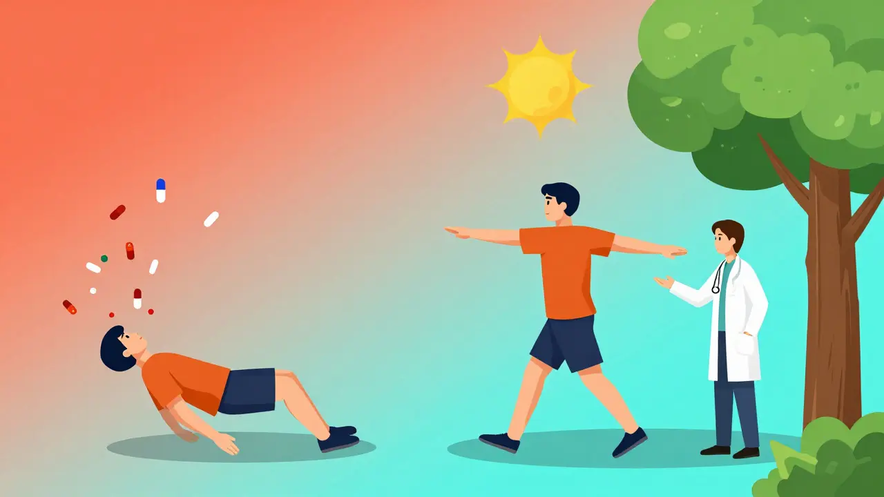 Split scene: one side shows fall risk with pills, other shows steady walking with balance therapy under sunlight.