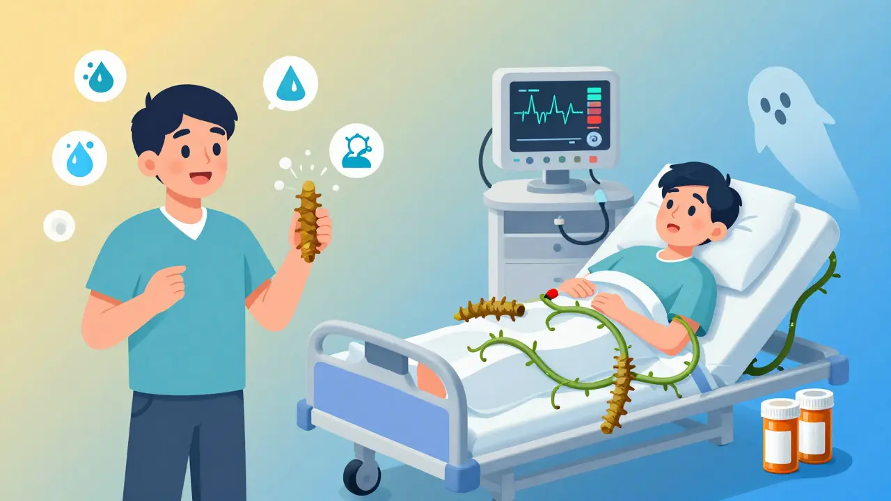 Split scene: person taking goldenseal happily vs. same person in hospital with erratic vital signs.