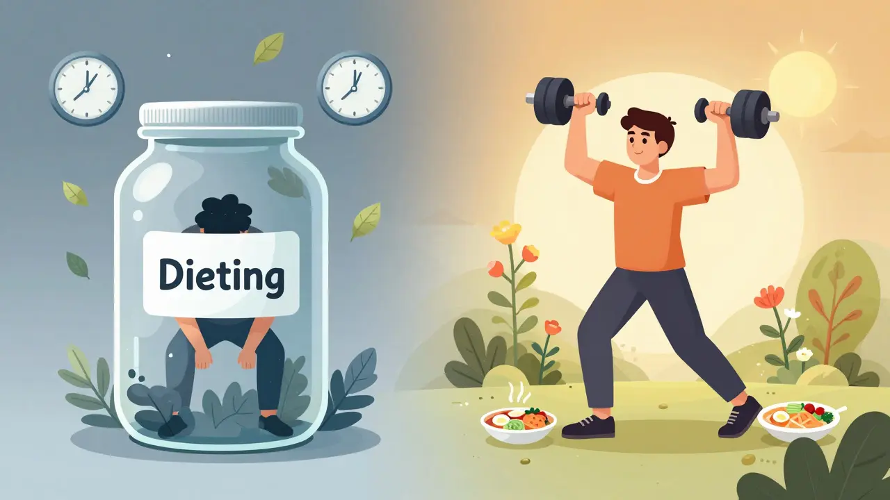 Split scene: person trapped in dieting jar vs. stepping into sunlit, healthy lifestyle.