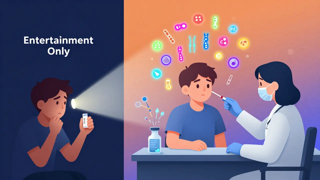 Split scene: person with at-home DNA kit vs. same person getting professional multigene testing with counselor.