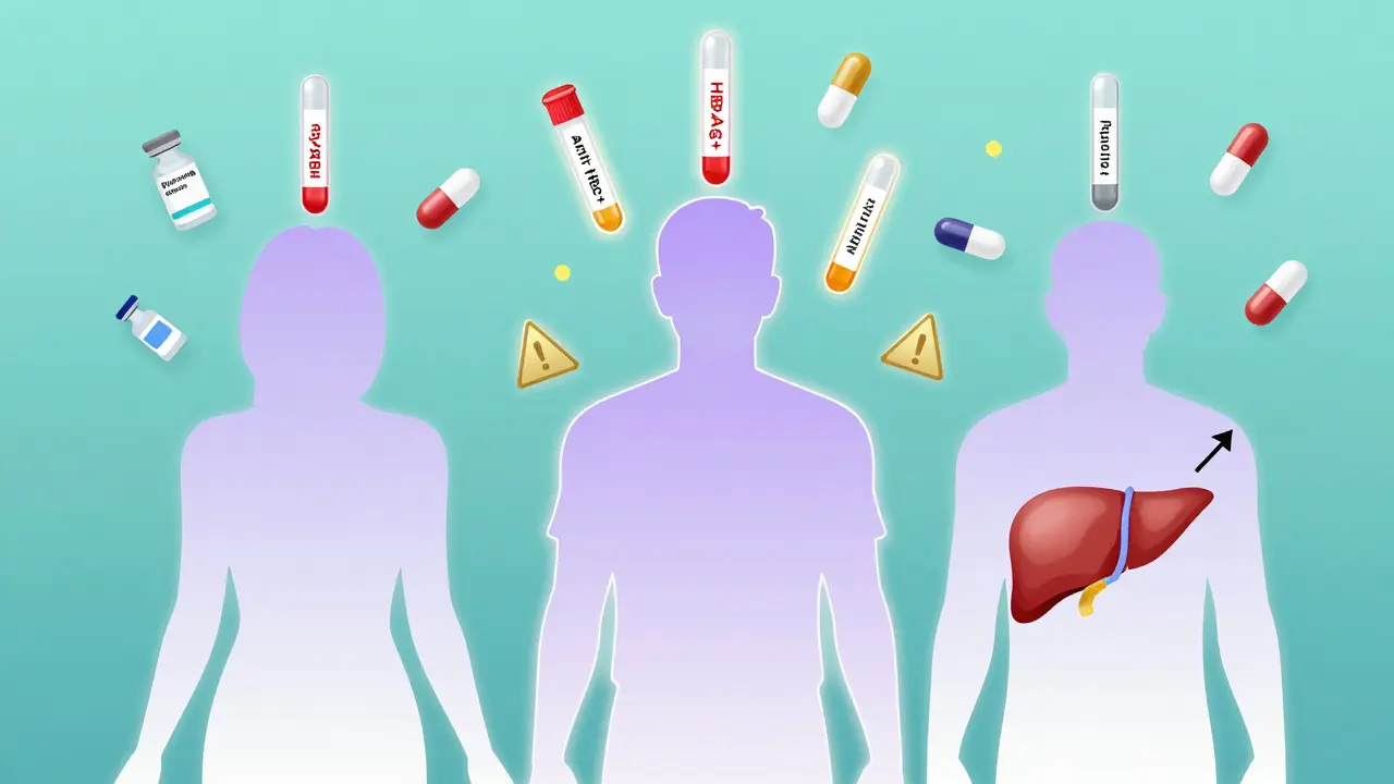 Three patient silhouettes with glowing blood test results and drug icons surrounding a central liver, showing varying HBV risk levels.
