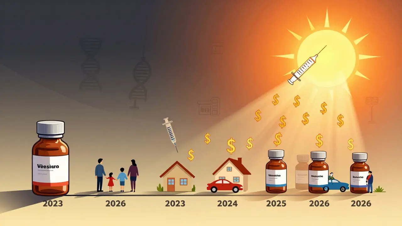 Timeline showing biosimilars breaking through financial barriers to save families money.