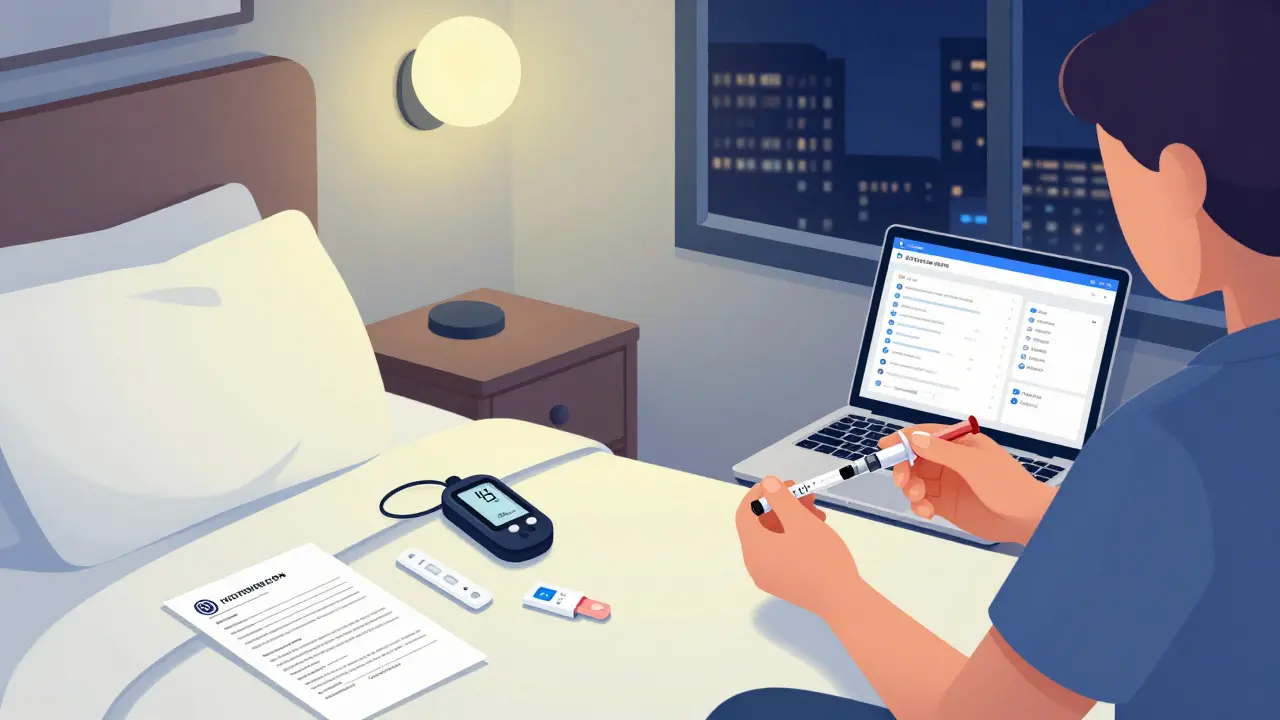 Traveler using backup syringe in hotel room with diabetes supplies and doctor’s letter