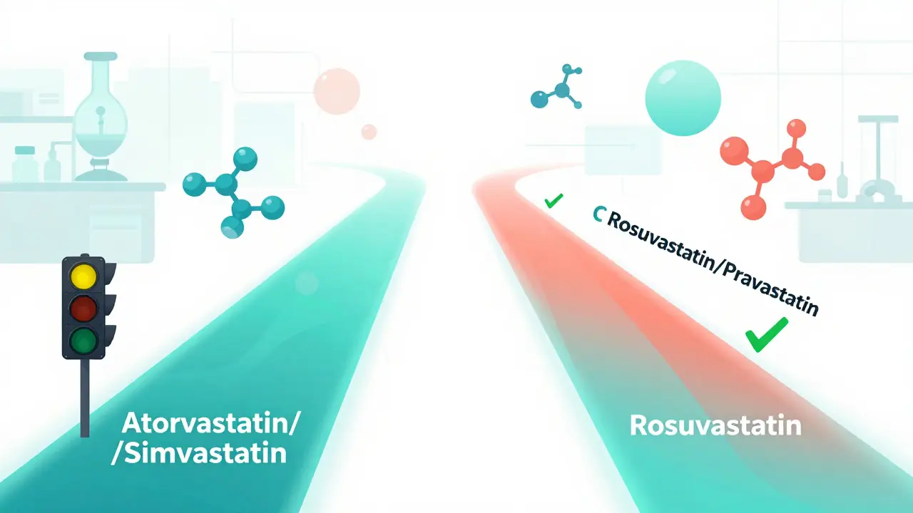 Two medical pathways for statins, one with caution, one clear, with floating molecules in gradient colors.