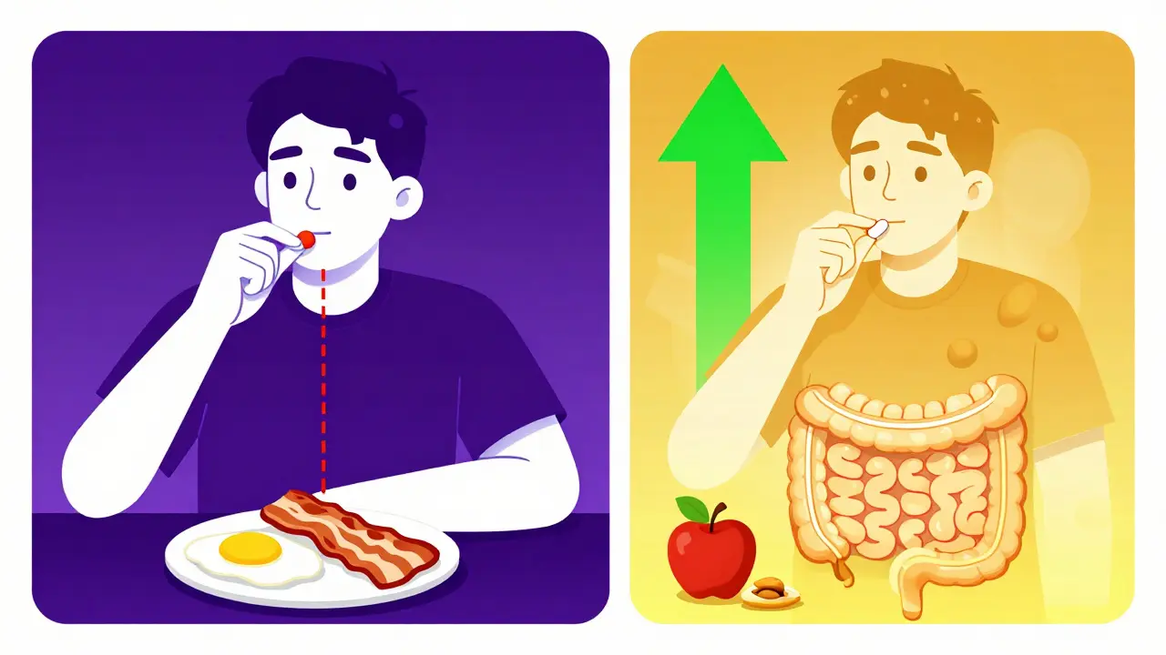 Two scenes showing low vs high drug absorption with different meals and visual absorption arrows