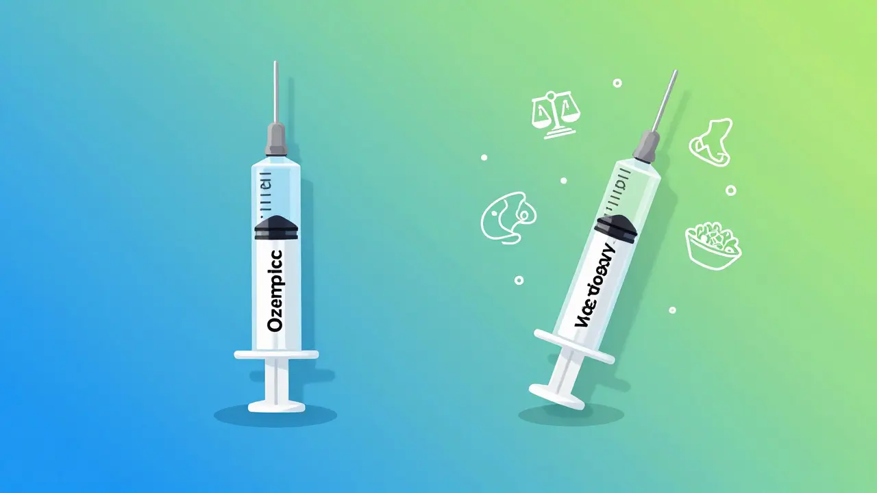 Two syringes side by side: Ozempic and Wegovy, showing different doses and purposes with health icons.