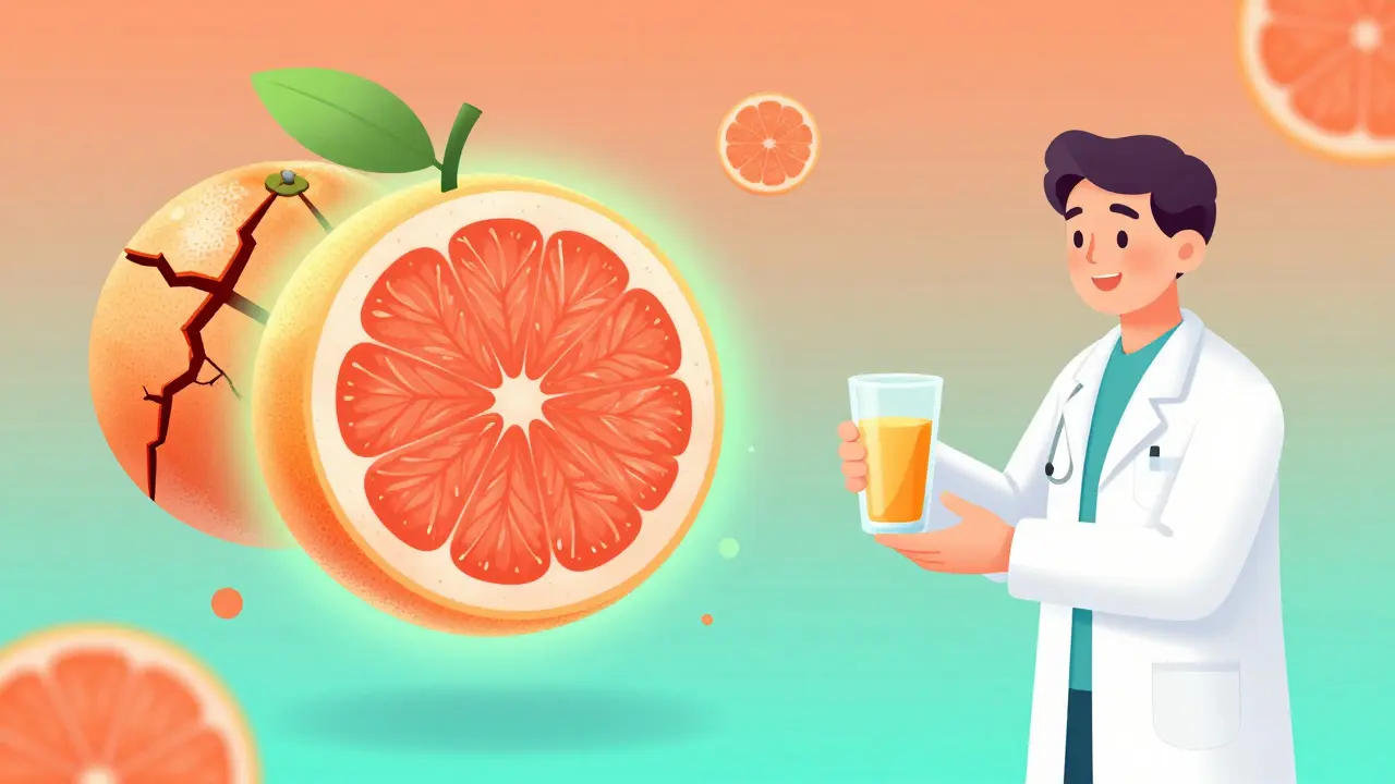 A glowing safe grapefruit beside a dangerous one, with a pharmacist offering orange juice.