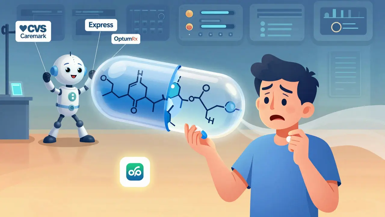 A patient holds two pills as a giant pill splits behind them, revealing identical ingredients while puppeteers control pricing tiers.
