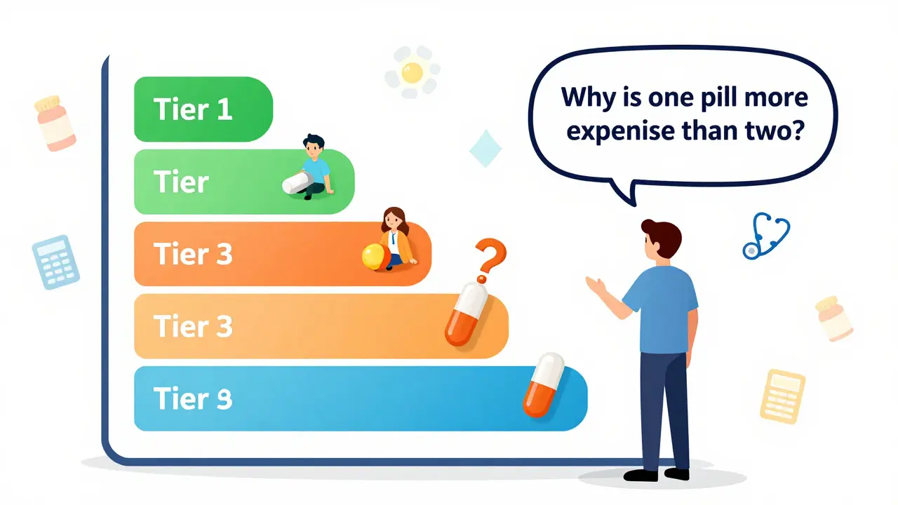 A patient stares at a tiered insurance formulary chart where combination drugs are placed higher than individual generics.