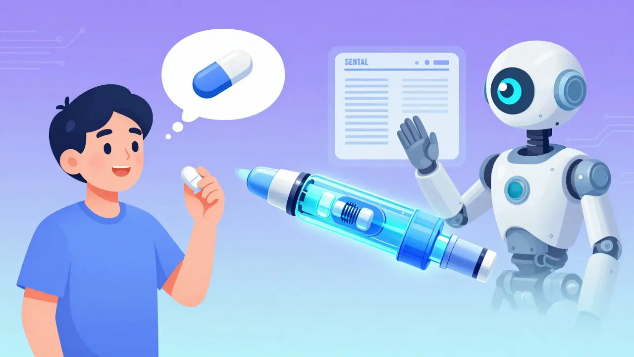 A patient takes a pill that transforms into an inhaler while a surveillance eye scans health data in the background.