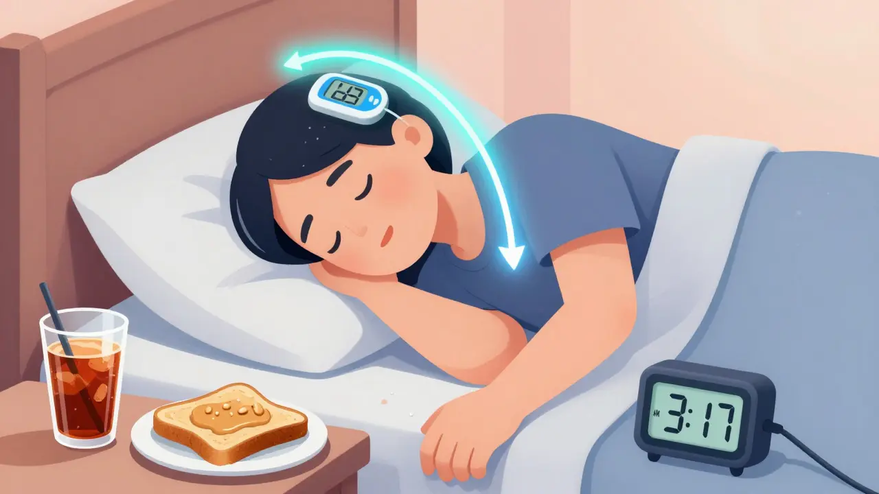 A person asleep with a glucose monitor showing a dangerous drop to 42 mg/dL, vodka soda and toast on the nightstand.