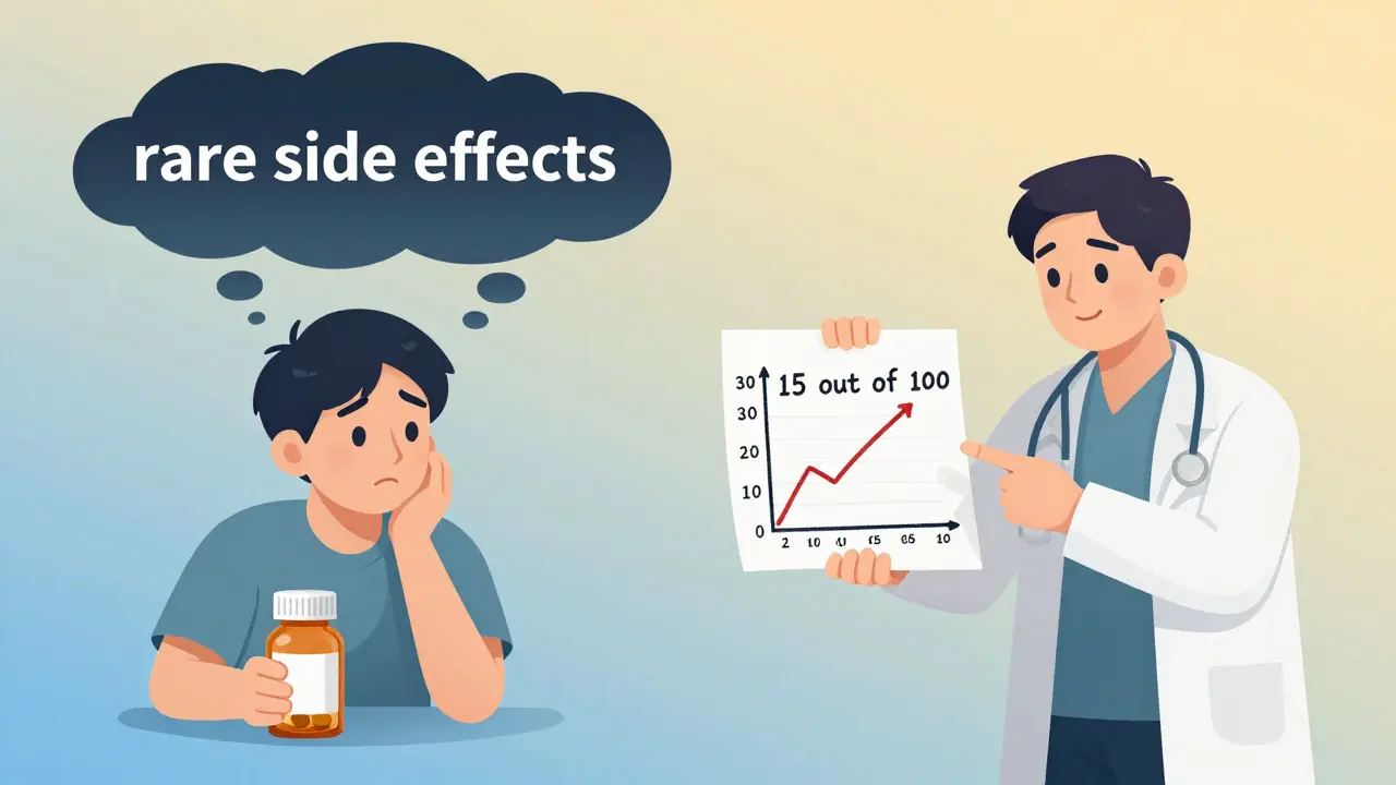 A person comparing vague side effect warnings to clear numerical risks, with emotional contrast shown through lighting and color.