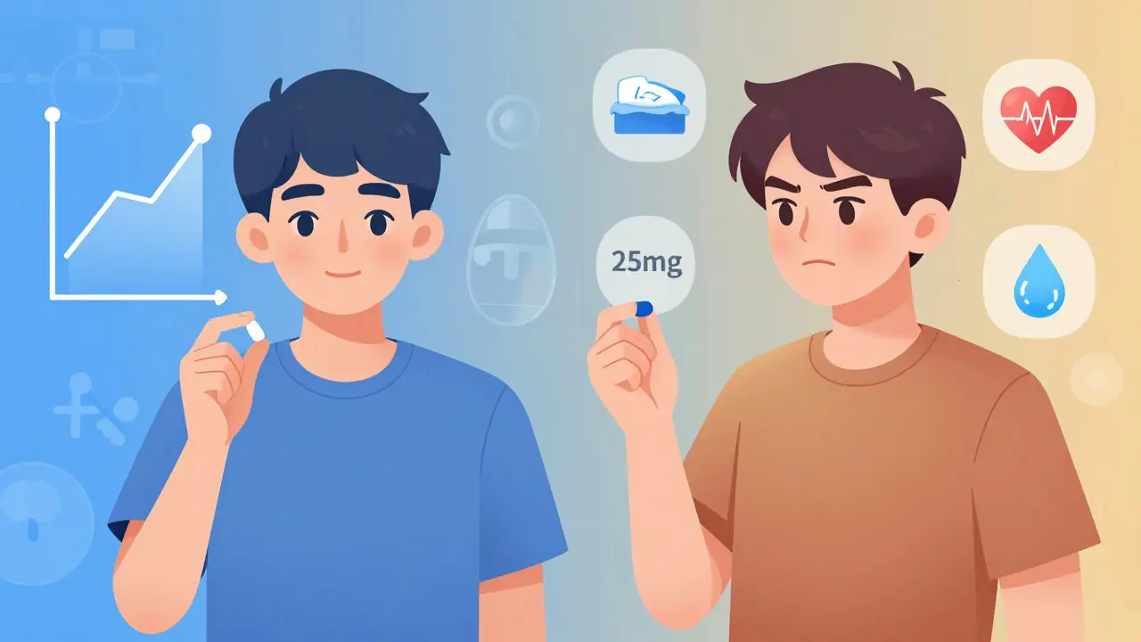 A teen at two different dosing stages of OCD medication, with side effect icons and gradient color transitions.