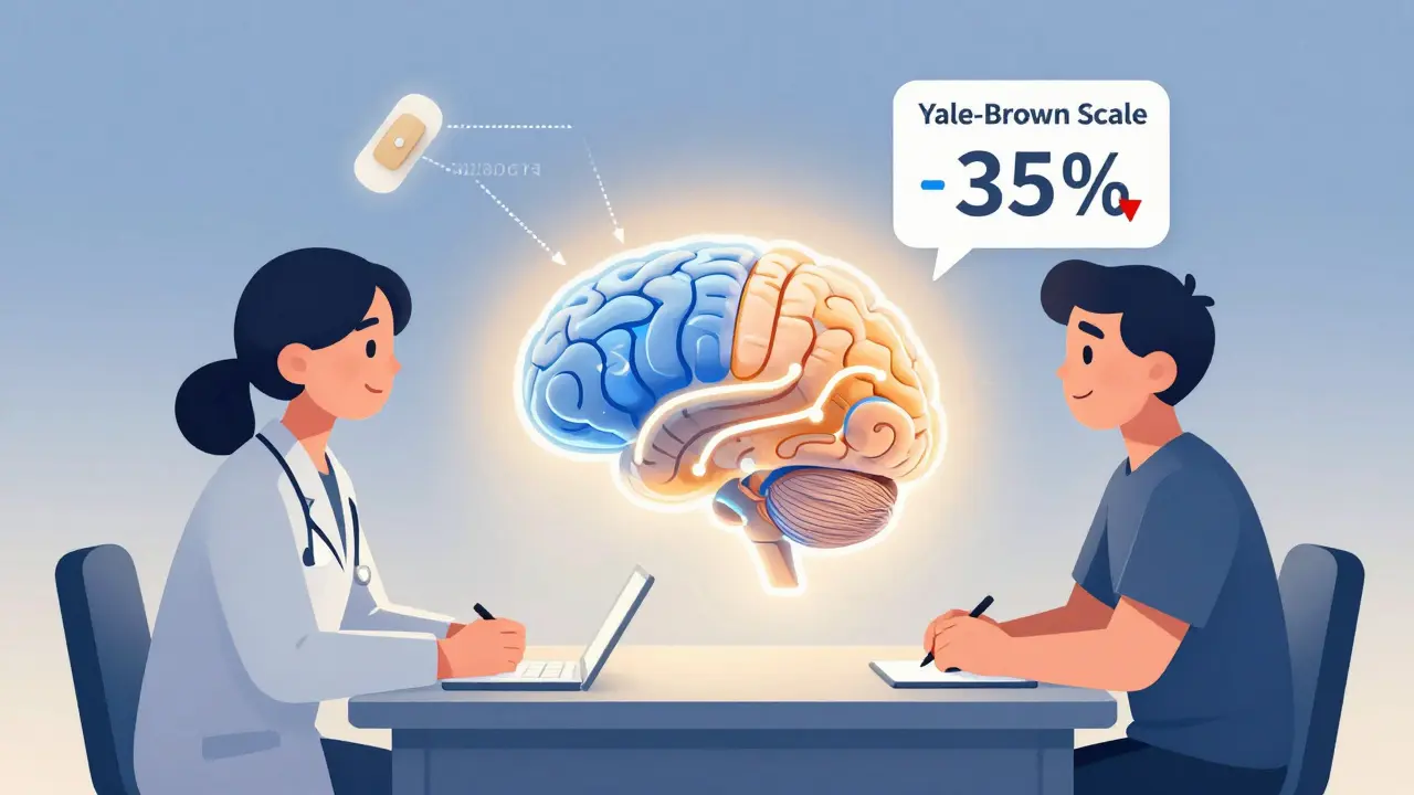 A therapist and patient with a transparent brain showing SSRI and Clomipramine pathways, plus emerging future treatments.
