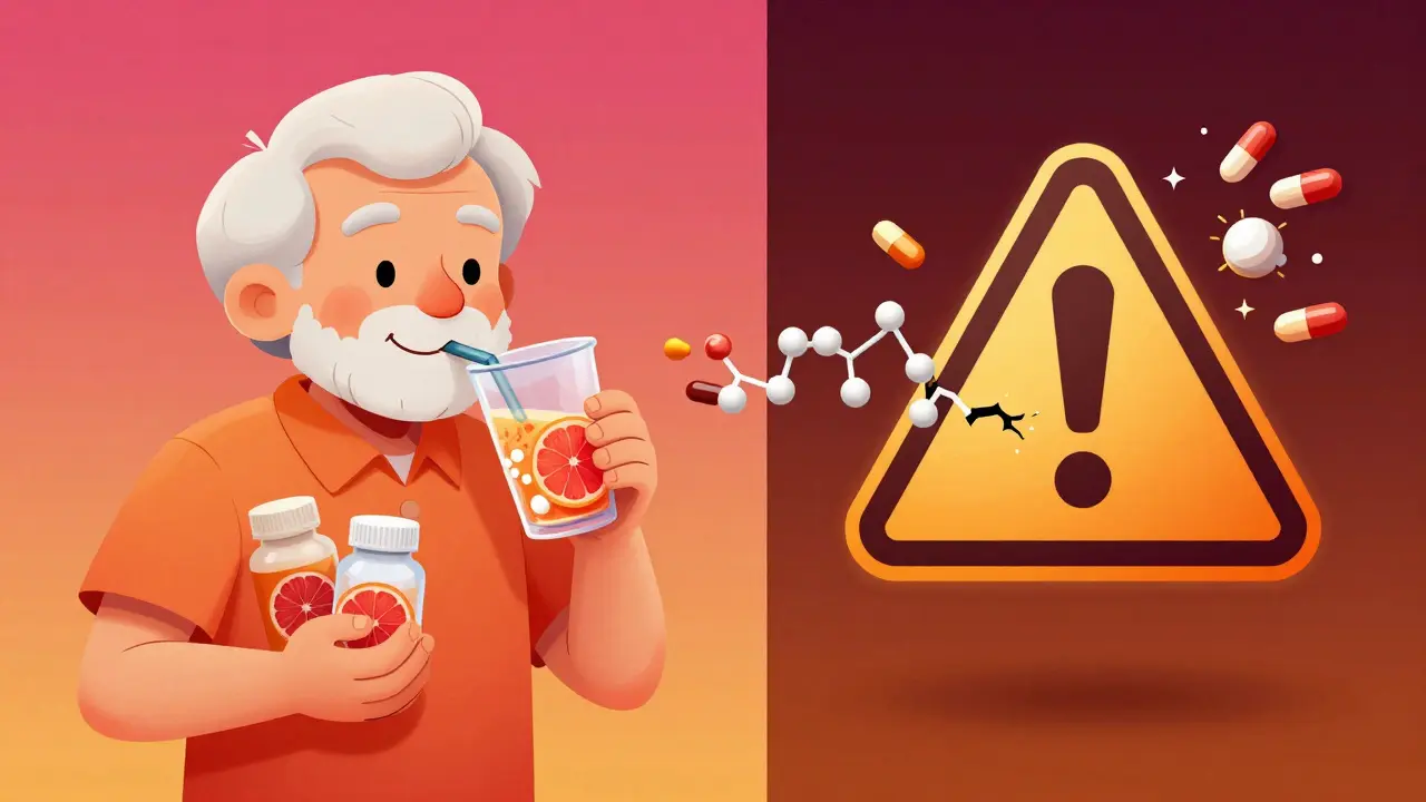 An elderly person drinking grapefruit juice while their body shows dangerous drug interactions.