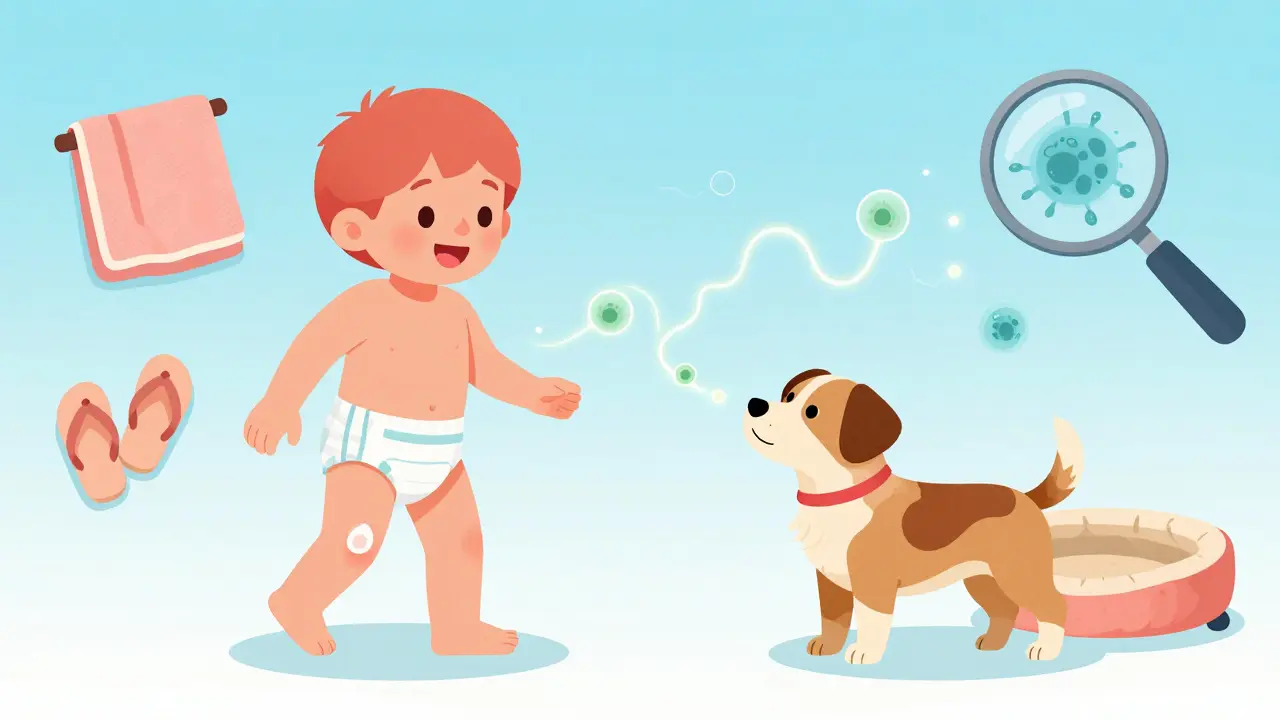 Child with diaper rash and dog with patchy fur connected by glowing fungal spores, everyday items around them