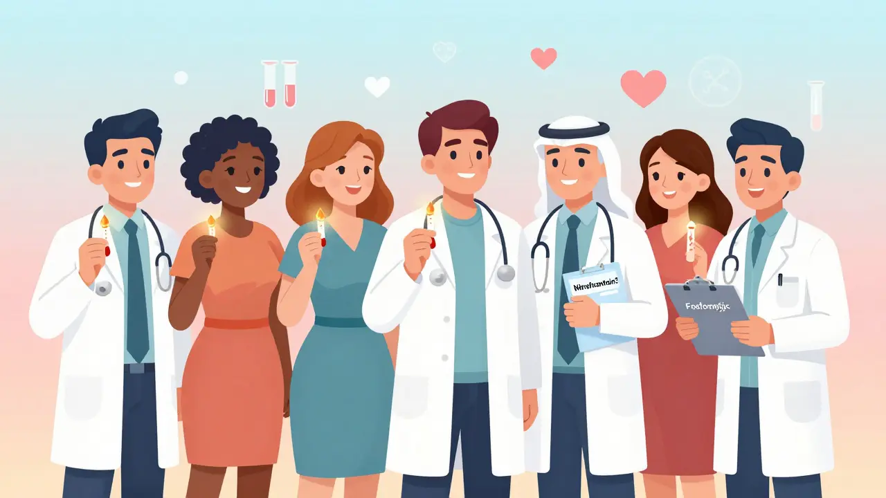 Diverse patients receiving quick G6PD blood tests at a clinic, with glowing test strips and safer antibiotic options highlighted.