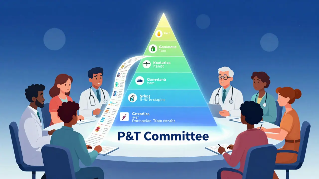 Doctors and pharmacists reviewing data on a tiered formulary pyramid with generics in Tier 1