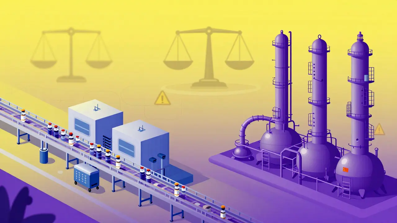 India's Gujarat factories and China's chemical plants with regulatory symbols in gradient style
