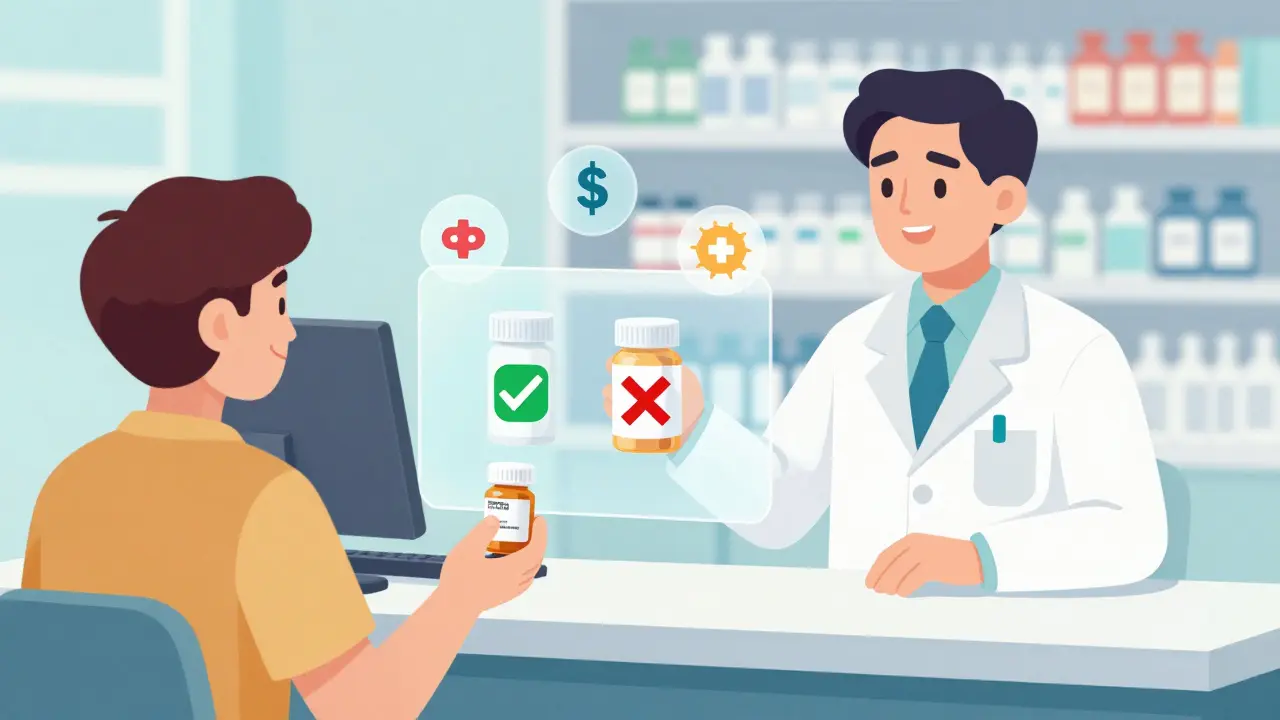 Pharmacist handing a patient a generic pill with preferred vs non-preferred icons overlaid
