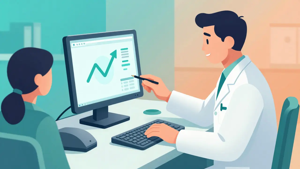 Pharmacist logging medication purchase on computer system.