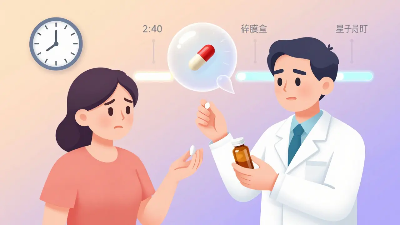 Pharmacy technician shows a pill to a patient who compares it to a memory bubble of a different-colored pill.