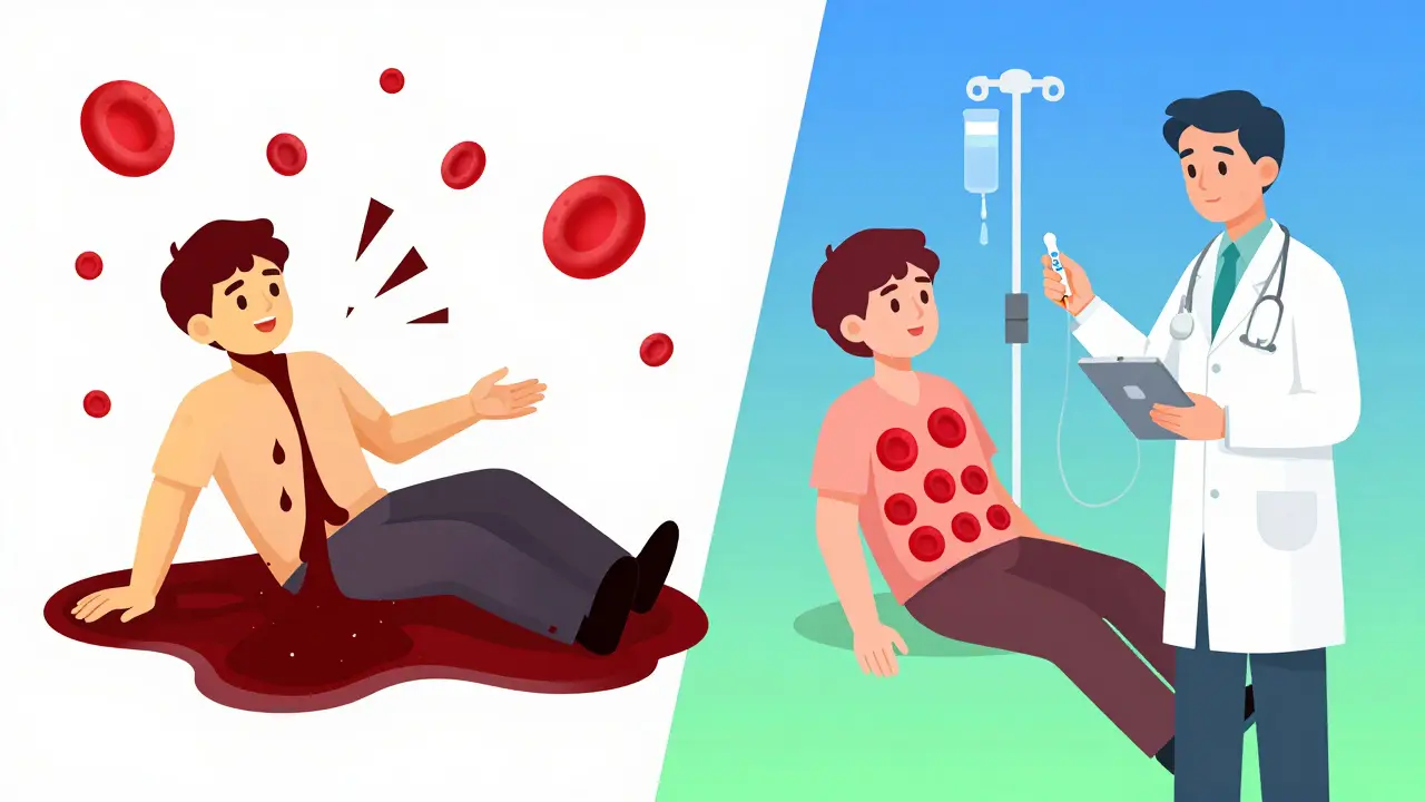 Split illustration showing hemolytic anemia crisis on one side and recovery with IV fluids and testing on the other.
